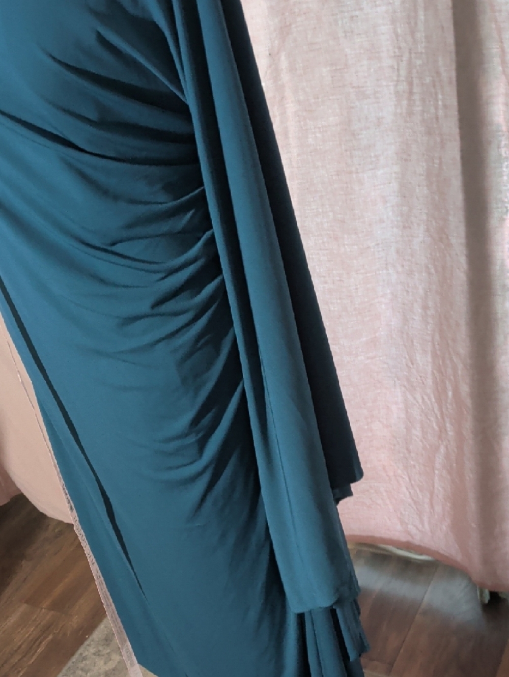 Mac Duggal Teal One-Shoulder Draped Asymmetrical Gown - Picture 3 of 12